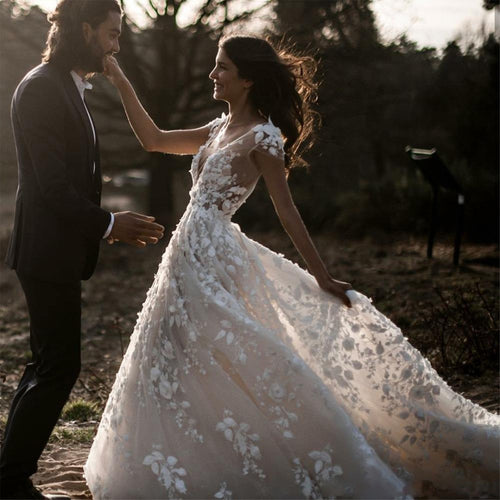 Floral Lace A-Line Wedding Dress with Train - product photo