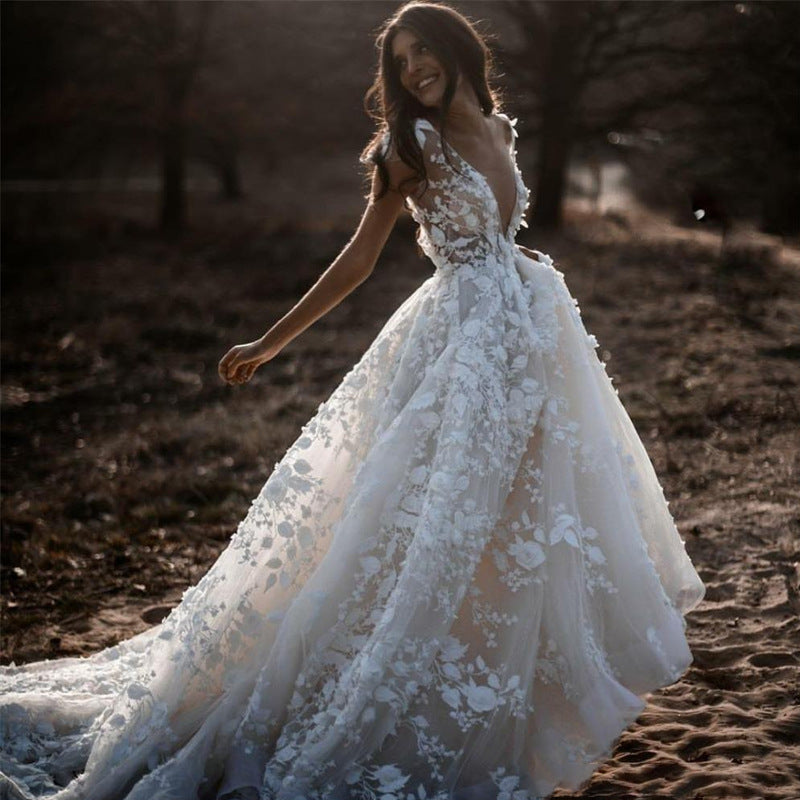 Floral Lace A-Line Wedding Dress with Train - product photo 2