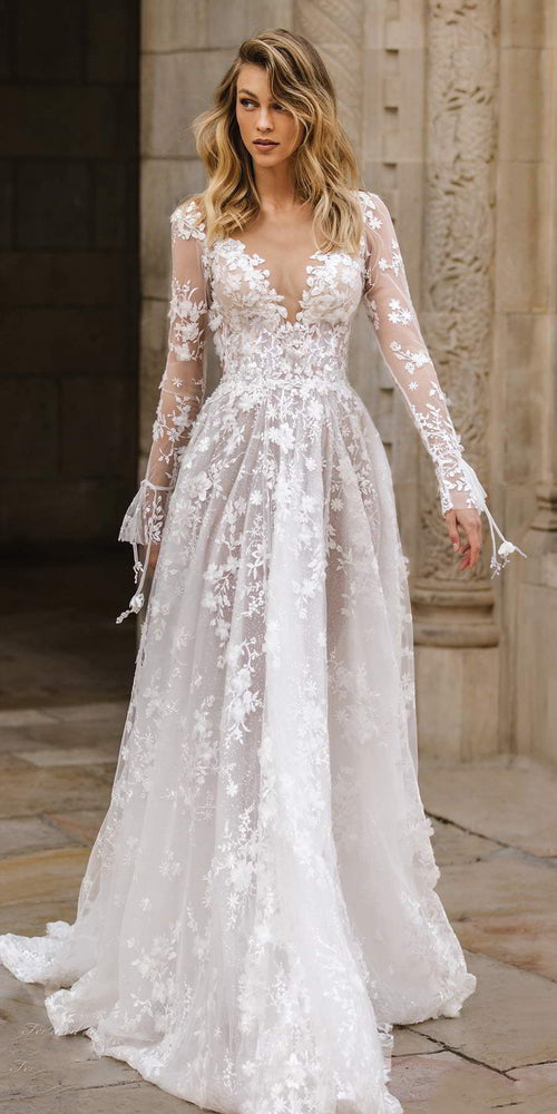 Long-Sleeve Lace Wedding Dress with Open Back - product photo 2