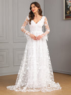 Long-Sleeve V-Neck A-Line Wedding Dress - product photo