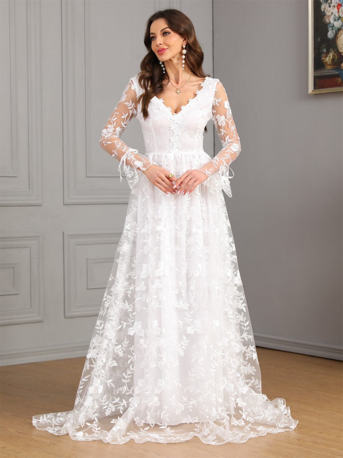Long-Sleeve V-Neck A-Line Wedding Dress - product photo