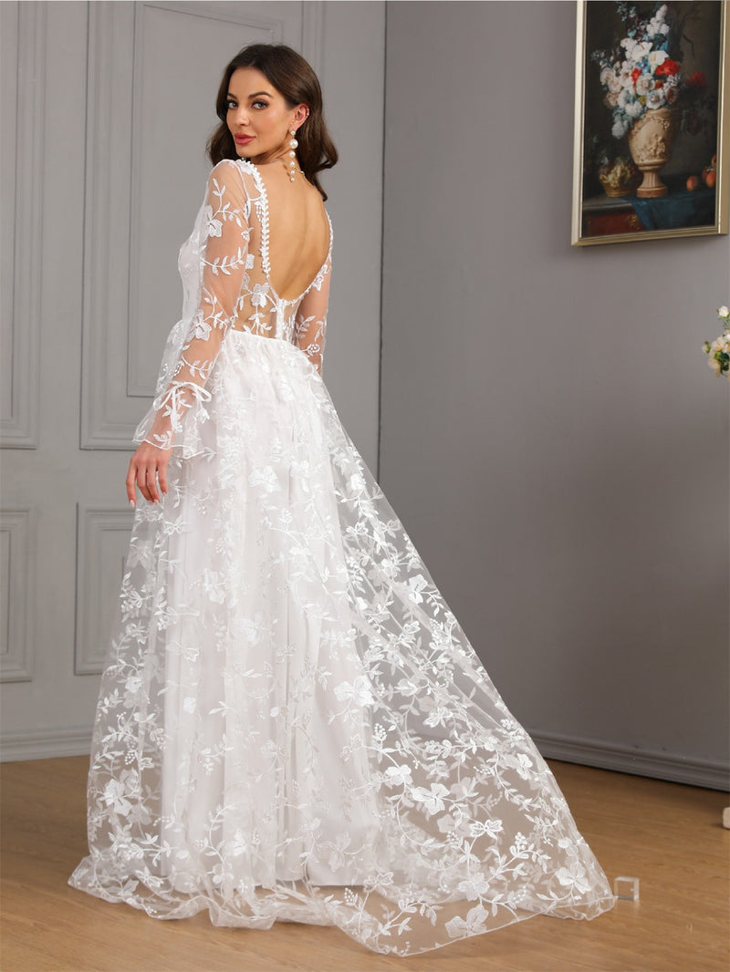 Long-Sleeve V-Neck A-Line Wedding Dress - product photo 4