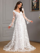 Long-Sleeve V-Neck A-Line Wedding Dress - product photo 5