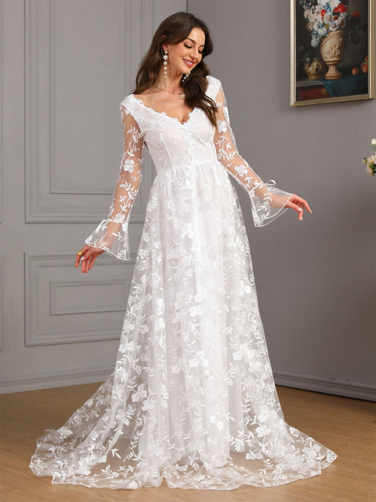 Long-Sleeve V-Neck A-Line Wedding Dress - product photo 5