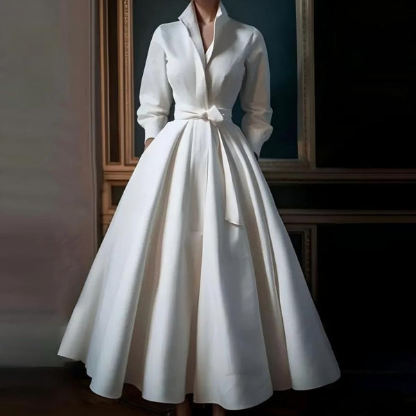 Satin A-Line Wedding Dress with Waist Sash - product photo