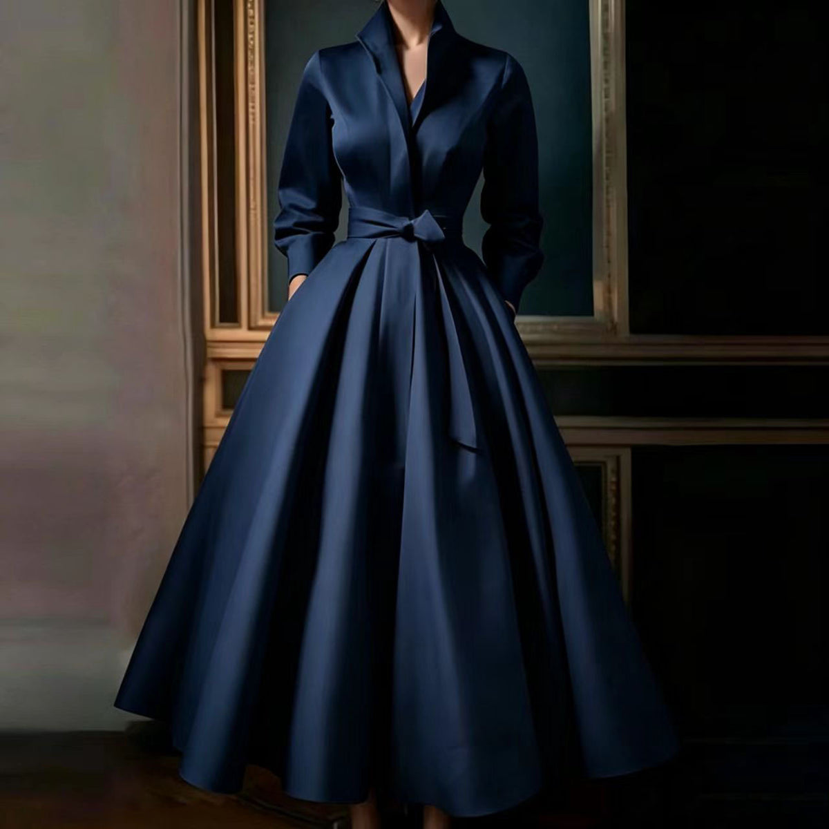 Satin A-Line Wedding Dress with Waist Sash - product photo 2