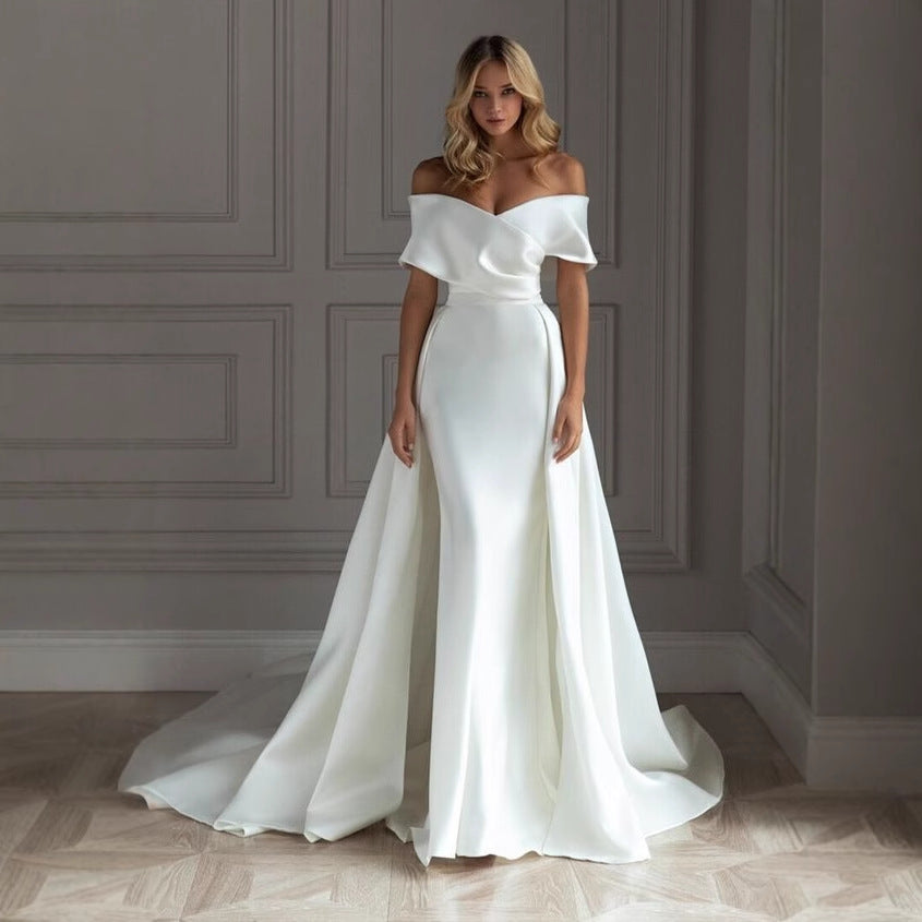 Off-the-Shoulder Satin A-Line Wedding Dress with Train - product photo