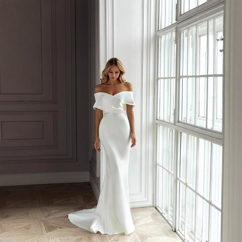 Off-the-Shoulder Satin A-Line Wedding Dress with Train - product photo 2