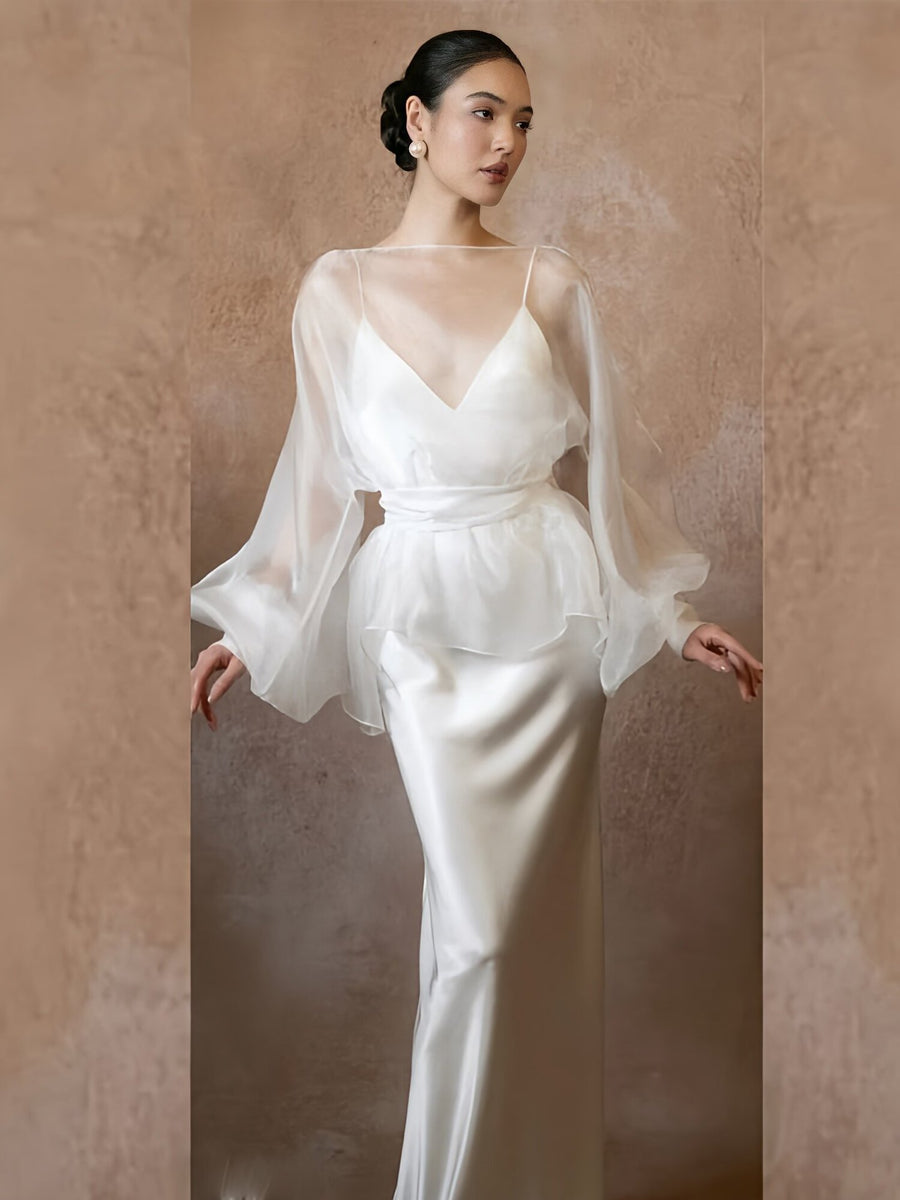 Deep V-Neck Long-Sleeve Satin Wedding Dress