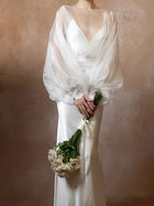 Deep V-Neck Long-Sleeve Satin Wedding Dress - product photo 2
