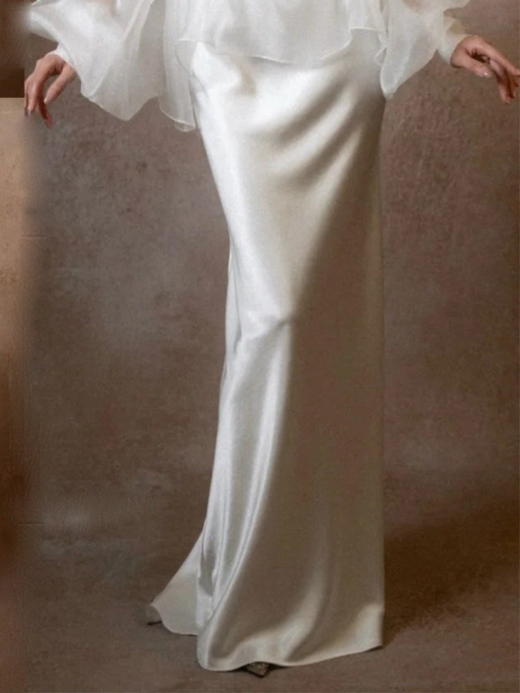 Deep V-Neck Long-Sleeve Satin Wedding Dress - product photo 3