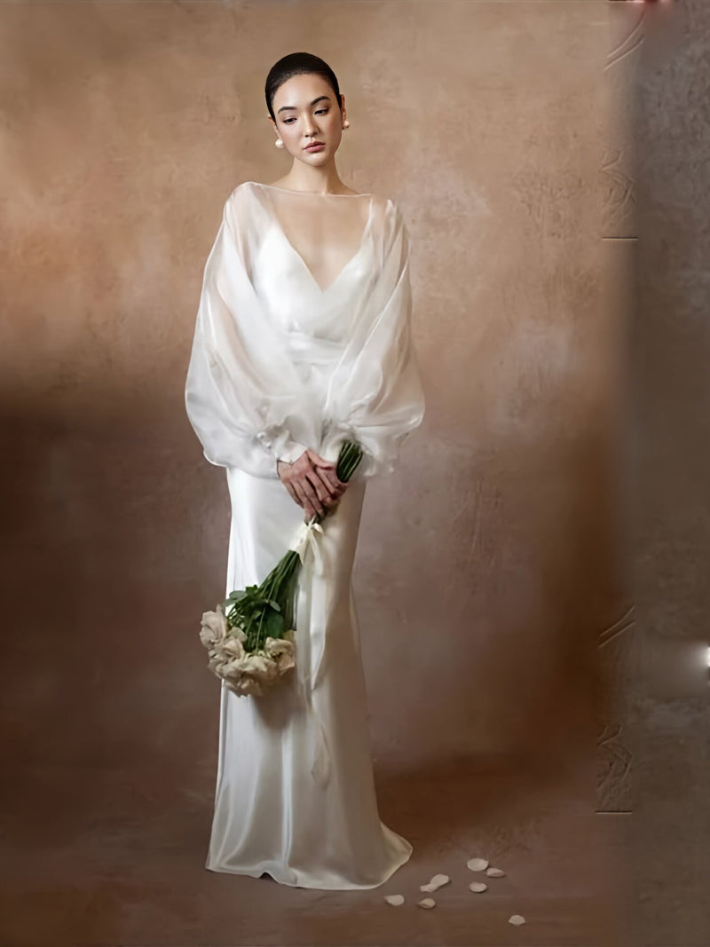 Deep V-Neck Long-Sleeve Satin Wedding Dress - product photo 4