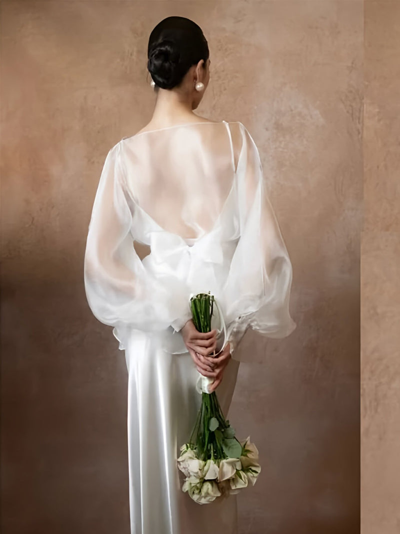 Deep V-Neck Long-Sleeve Satin Wedding Dress - product photo 5