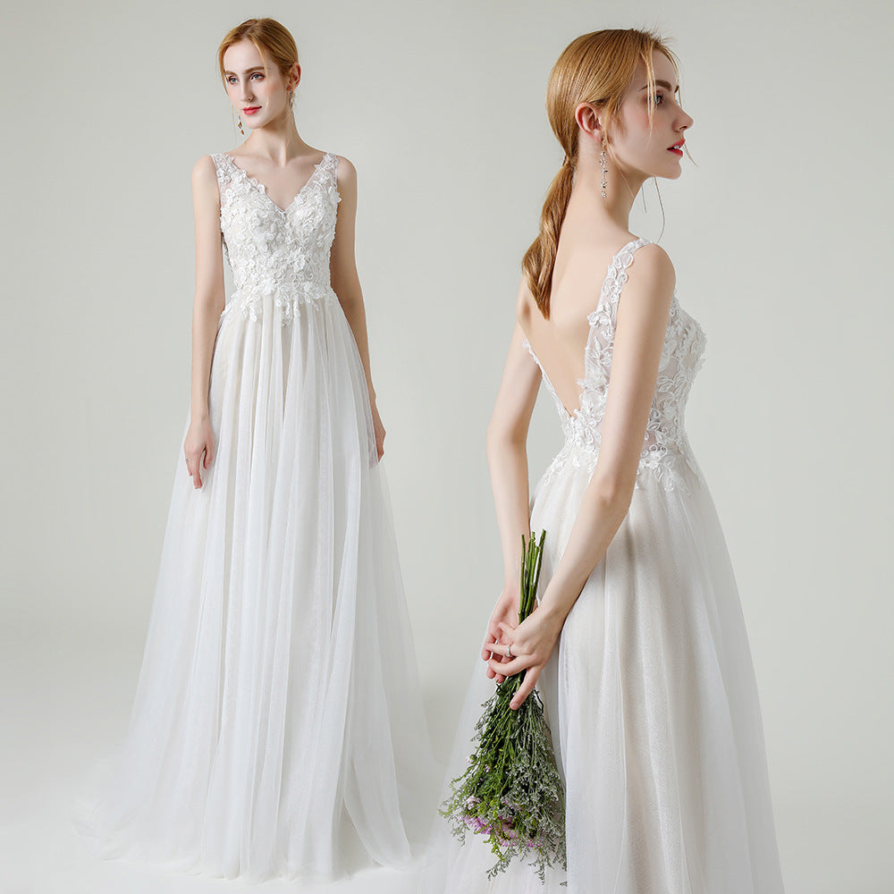 Sleeveless V-Neck A-Line Wedding Dress with Lace Bodice - product photo