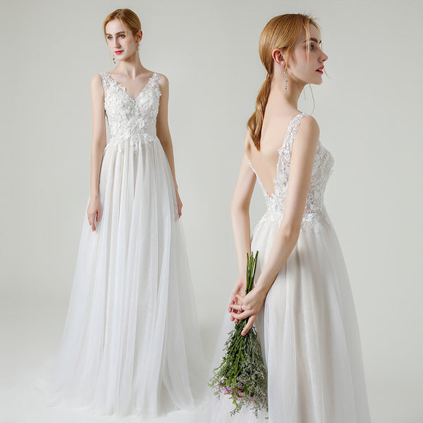 Sleeveless V-Neck A-Line Wedding Dress with Lace Bodice - product photo