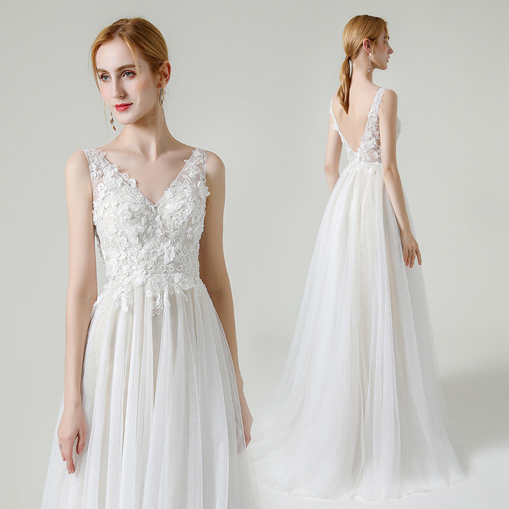 Sleeveless V-Neck A-Line Wedding Dress with Lace Bodice - product photo 2