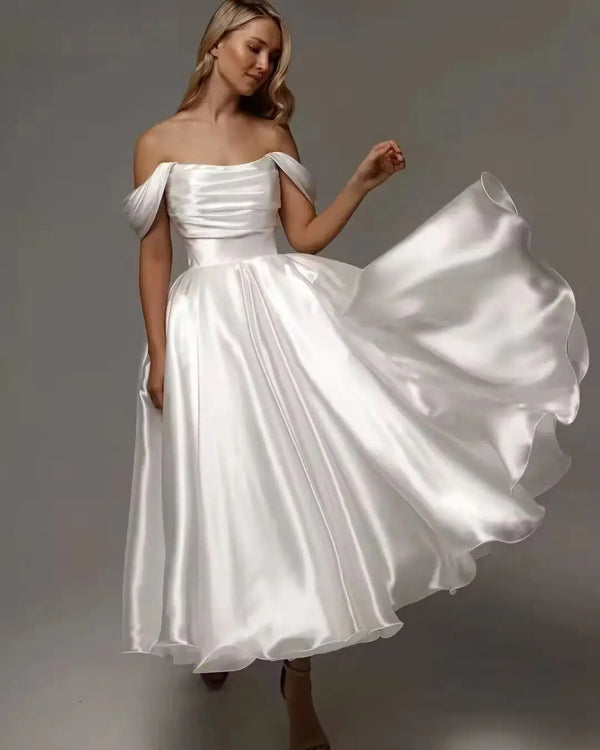 Off-the-Shoulder Satin Tea-Length Wedding Dress - product photo