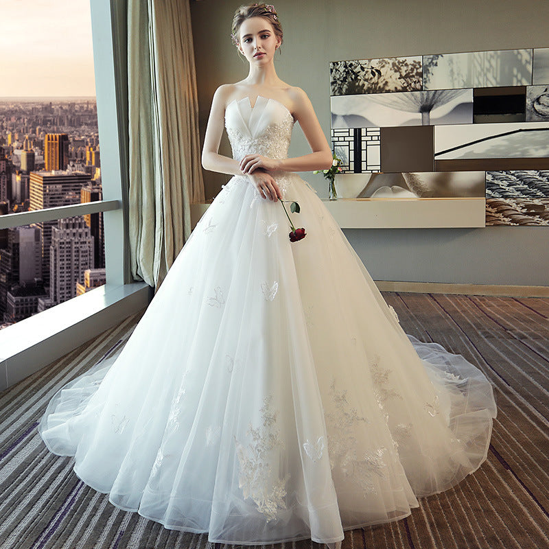 V-Neck Lace-Bodice A-Line Wedding Dress with Train