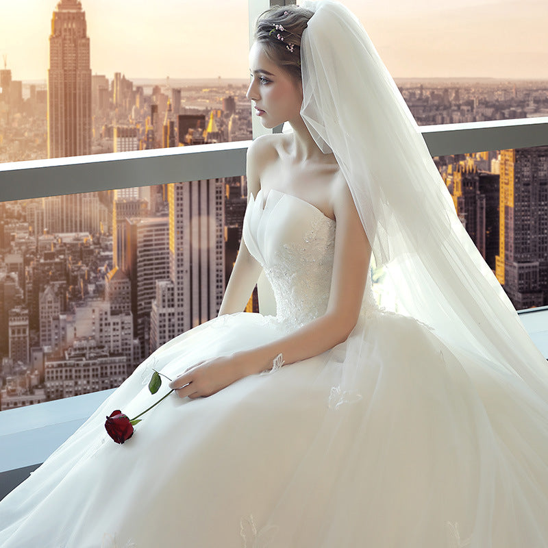 V-Neck Lace-Bodice A-Line Wedding Dress with Train - product photo 2