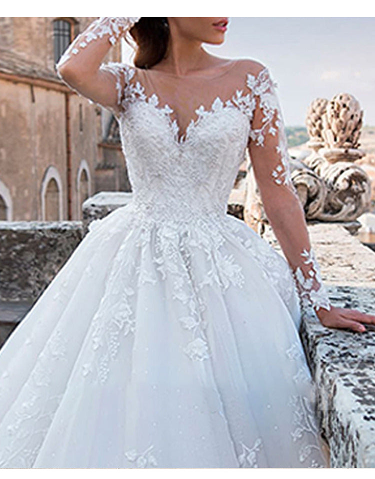 V-Neck Long-Sleeve Lace Wedding Dress with Train - product photo