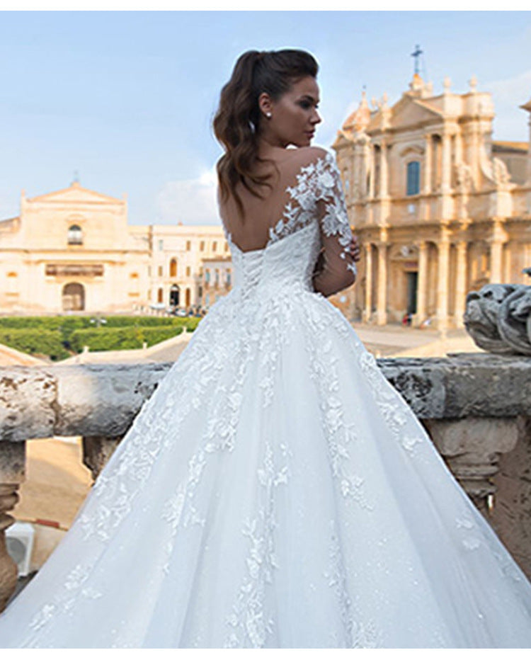 V-Neck Long-Sleeve Lace Wedding Dress with Train - product photo 2