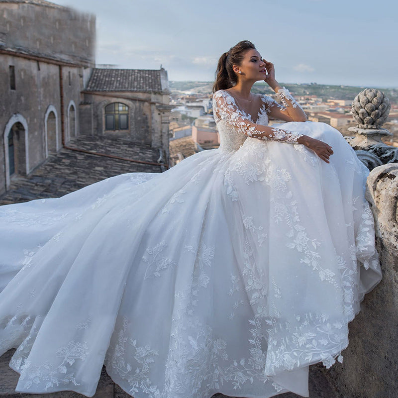 V-Neck Long-Sleeve Lace Wedding Dress with Train - product photo 4