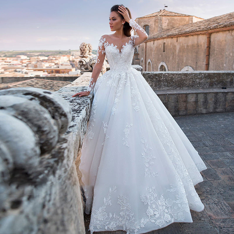 V-Neck Long-Sleeve Lace Wedding Dress with Train - product photo 5