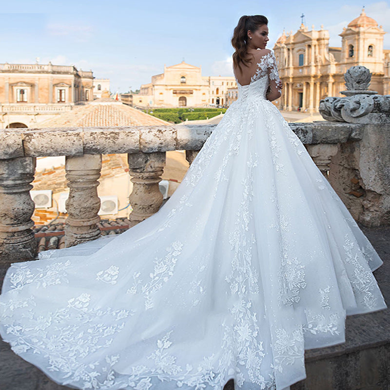 V-Neck Long-Sleeve Lace Wedding Dress with Train - product photo 6