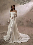 Off-the-Shoulder Lace Sleeve Wedding Dress with Train - product photo