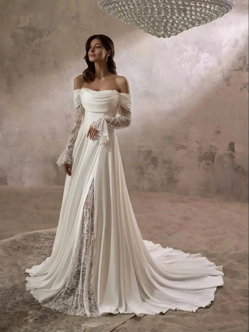 Off-the-Shoulder Lace Sleeve Wedding Dress with Train - product photo