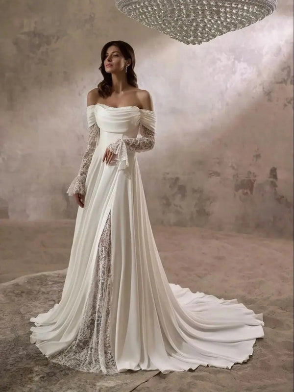 Off-the-Shoulder Lace Sleeve Wedding Dress with Train - product photo
