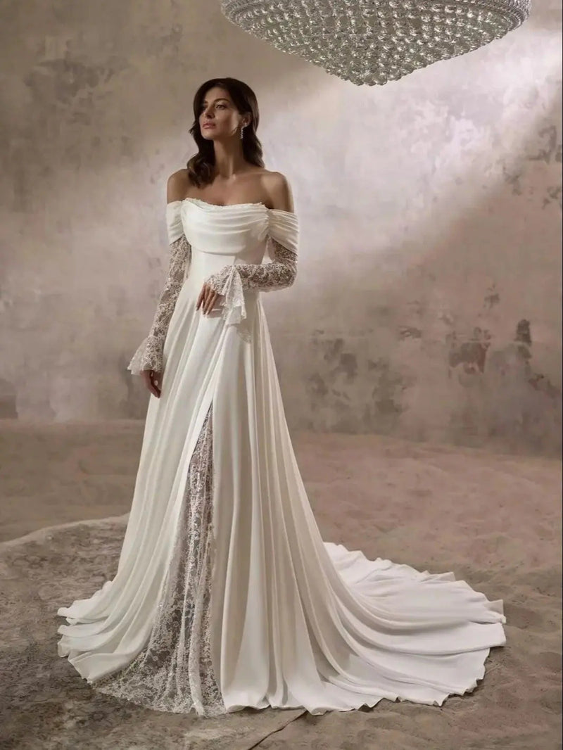 Off-the-Shoulder Lace Sleeve Wedding Dress with Train - product photo