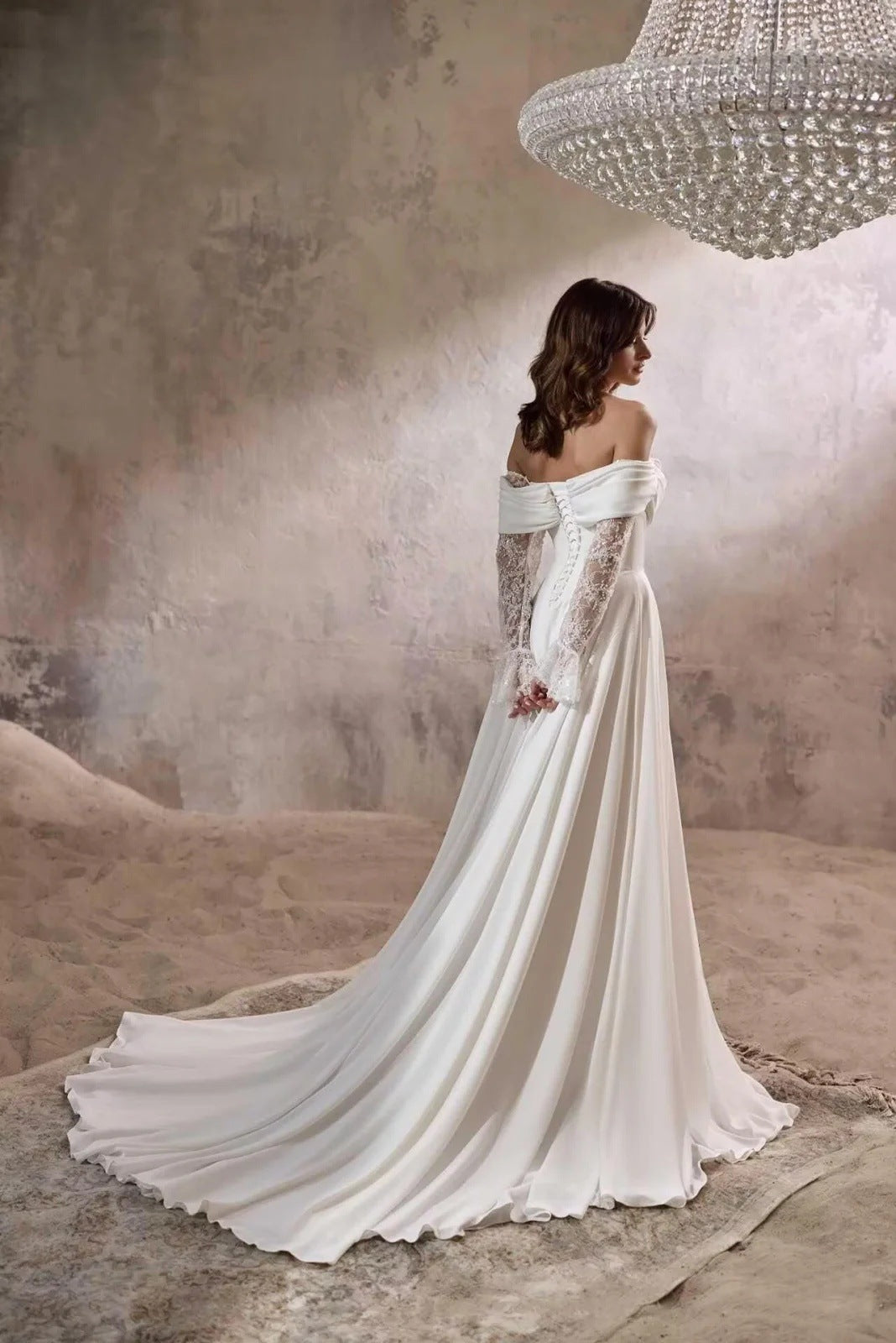 Off-the-Shoulder Lace Sleeve Wedding Dress with Train - product photo 4