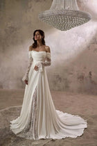 Off-the-Shoulder Lace Sleeve Wedding Dress with Train - product photo 5