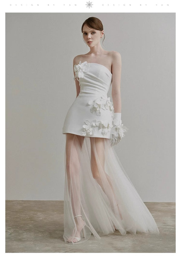 Strapless Satin Bridal Mini Dress with Sheer Tulle Overskirt - product photo