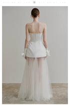 Strapless Satin Bridal Mini Dress with Sheer Tulle Overskirt - product photo 2