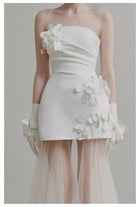 Strapless Satin Bridal Mini Dress with Sheer Tulle Overskirt - product photo 3