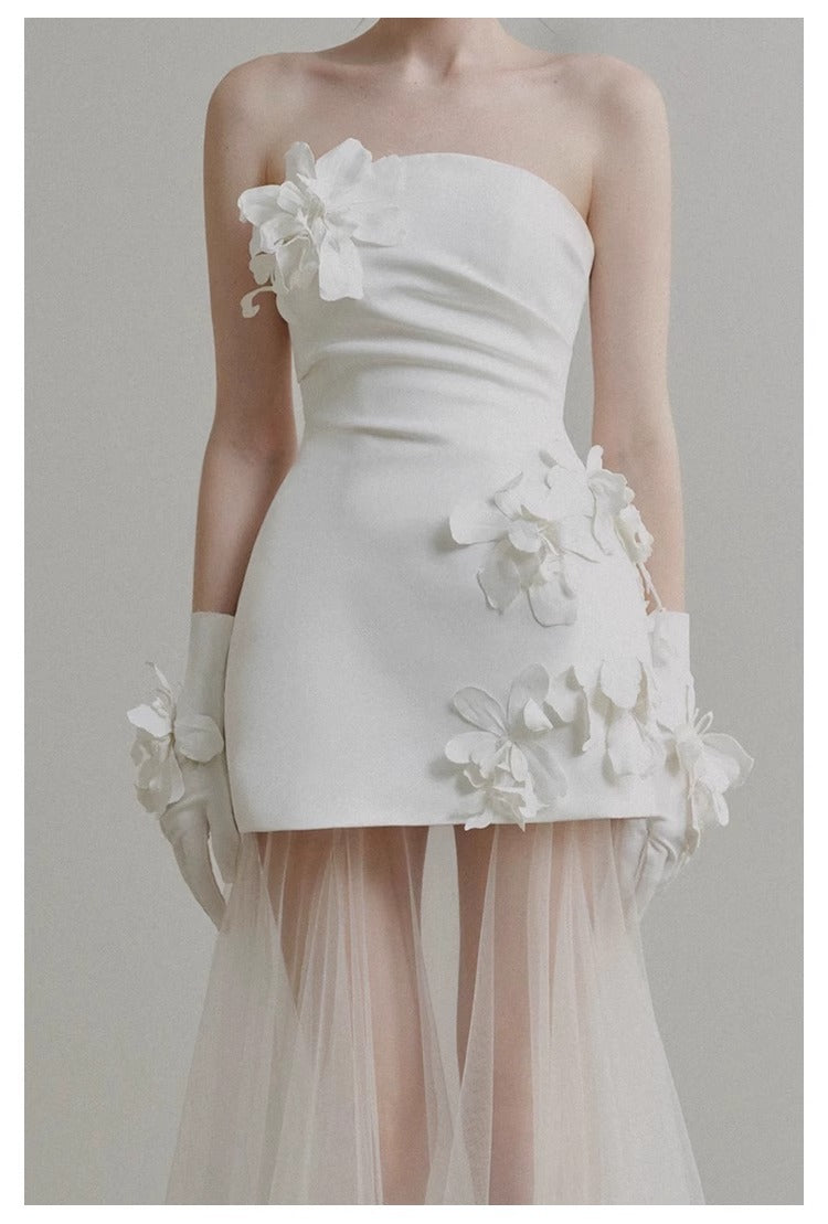 Strapless Satin Bridal Mini Dress with Sheer Tulle Overskirt - product photo 3