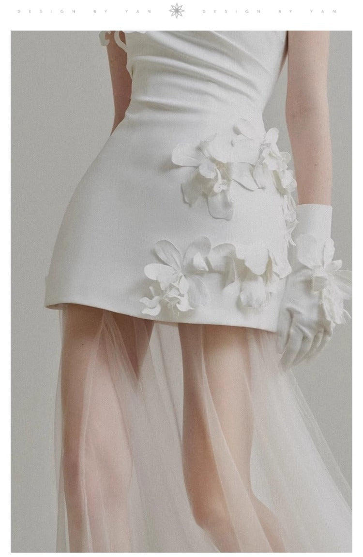 Strapless Satin Bridal Mini Dress with Sheer Tulle Overskirt - product photo 4