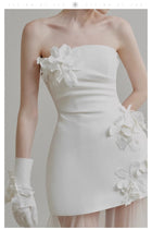 Strapless Satin Bridal Mini Dress with Sheer Tulle Overskirt - product photo 5