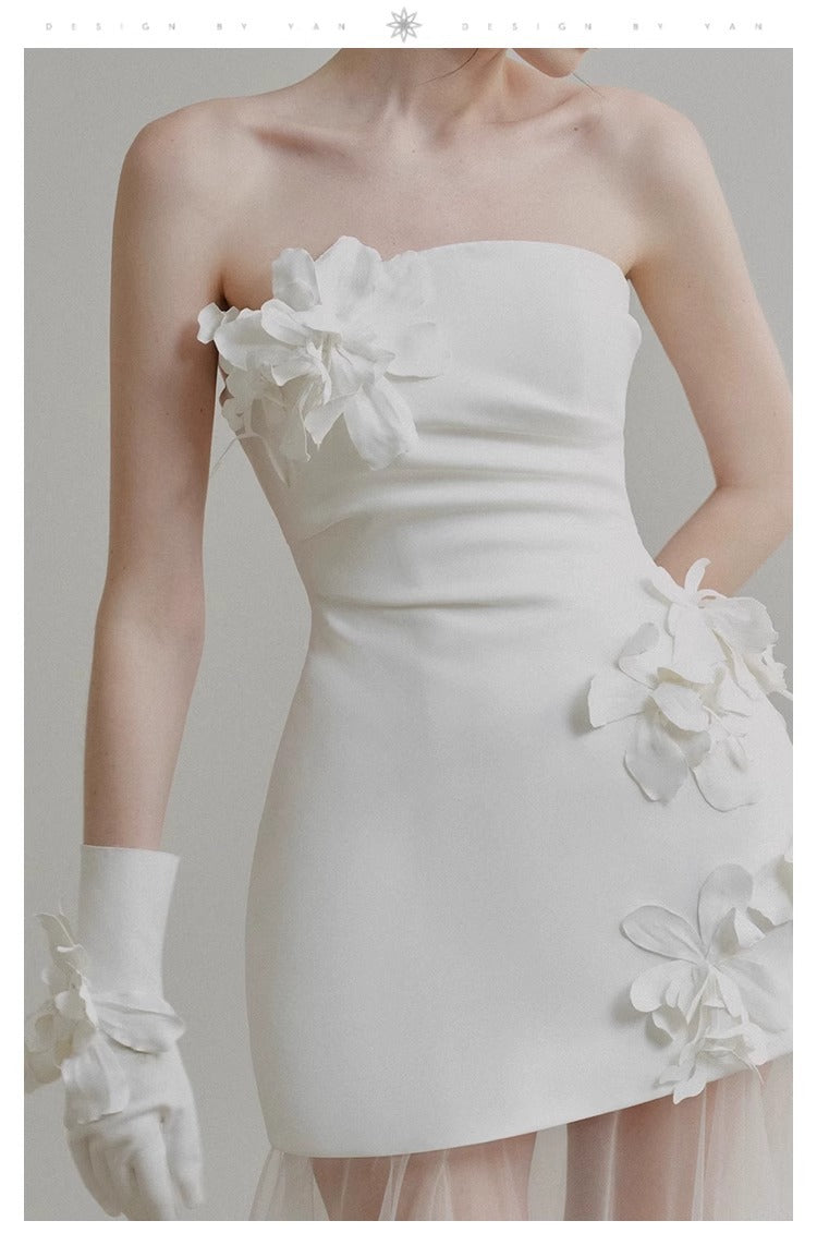 Strapless Satin Bridal Mini Dress with Sheer Tulle Overskirt - product photo 5