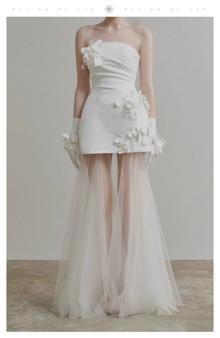 Strapless Satin Bridal Mini Dress with Sheer Tulle Overskirt - product photo 6