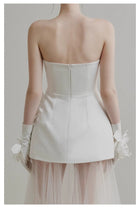 Strapless Satin Bridal Mini Dress with Sheer Tulle Overskirt - product photo 7