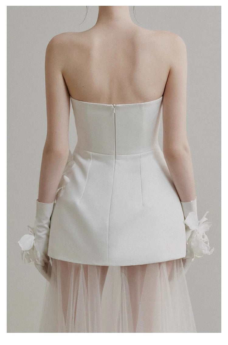 Strapless Satin Bridal Mini Dress with Sheer Tulle Overskirt - product photo 7