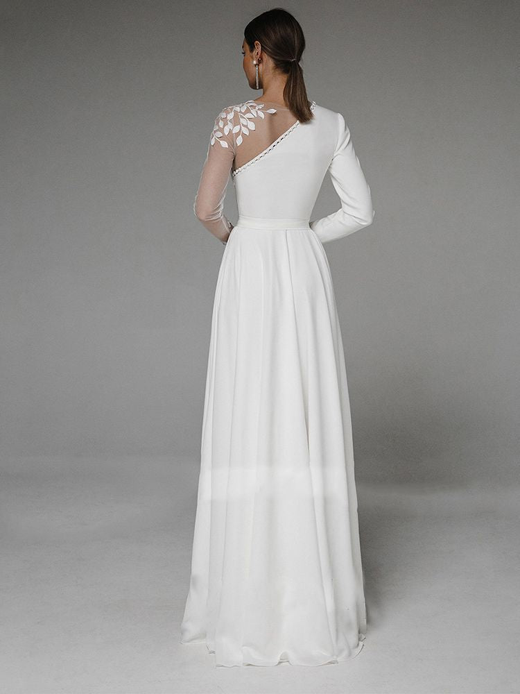 Long-Sleeve High-Slit Wedding Dress with Floral Detail - product photo 2