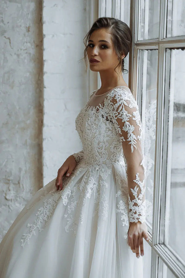 Long-Sleeve Lace A-Line Wedding Dress with Train - product photo