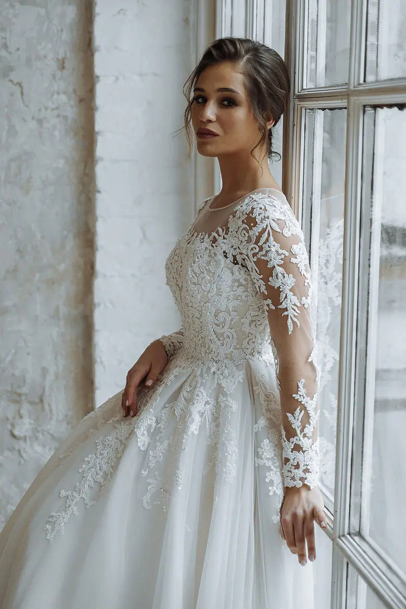 Long-Sleeve Lace A-Line Wedding Dress with Train