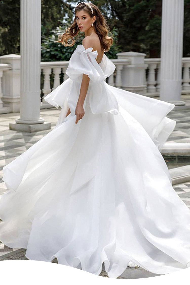 Off-the-Shoulder Puff-Sleeve High-Low Wedding Dress - product photo