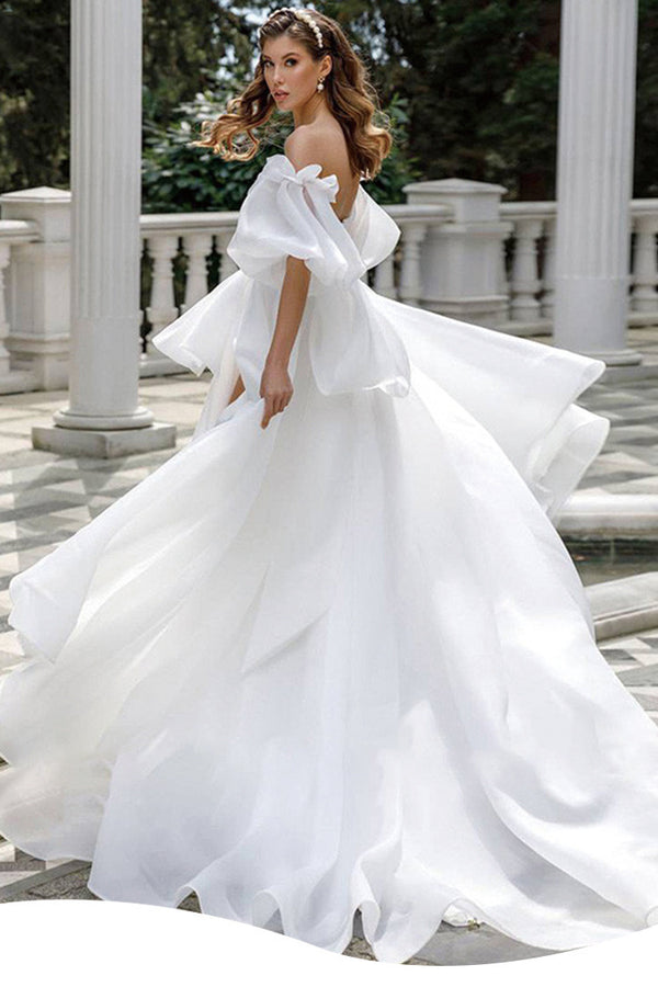 Off-the-Shoulder Puff-Sleeve High-Low Wedding Dress - product photo