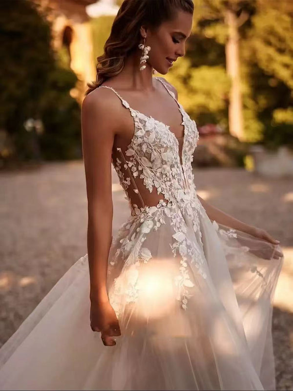 V-Neck Lace A-Line Wedding Dress with Illusion Bodice - product photo